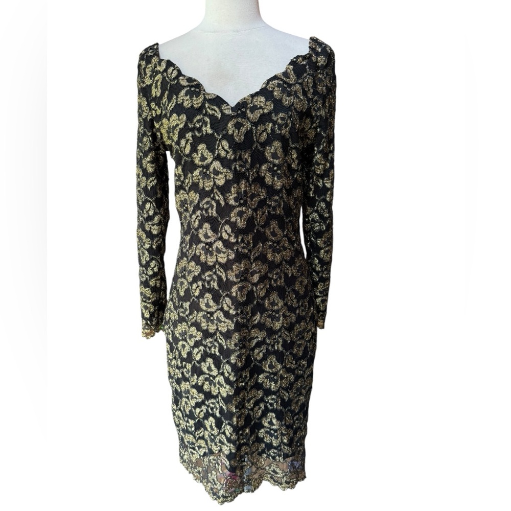 1990s Molly Malloy Black Lace w/Gold Floral Pattern Bodycon Dress